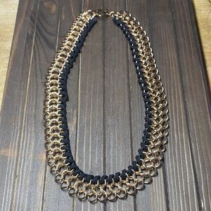 Vintage Gold Tone Chainmail Mesh and Black Faux Leather Necklace